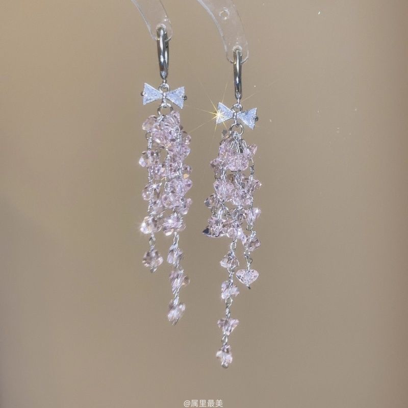 Huggie Rhinestone Bow Drop Fringed Earring