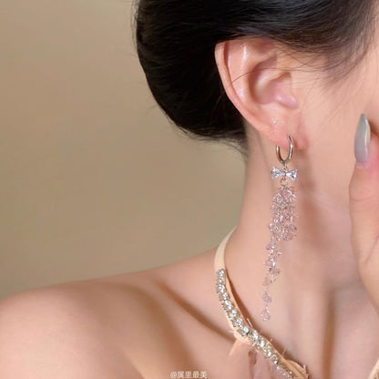 Huggie Rhinestone Bow Drop Fringed Earring
