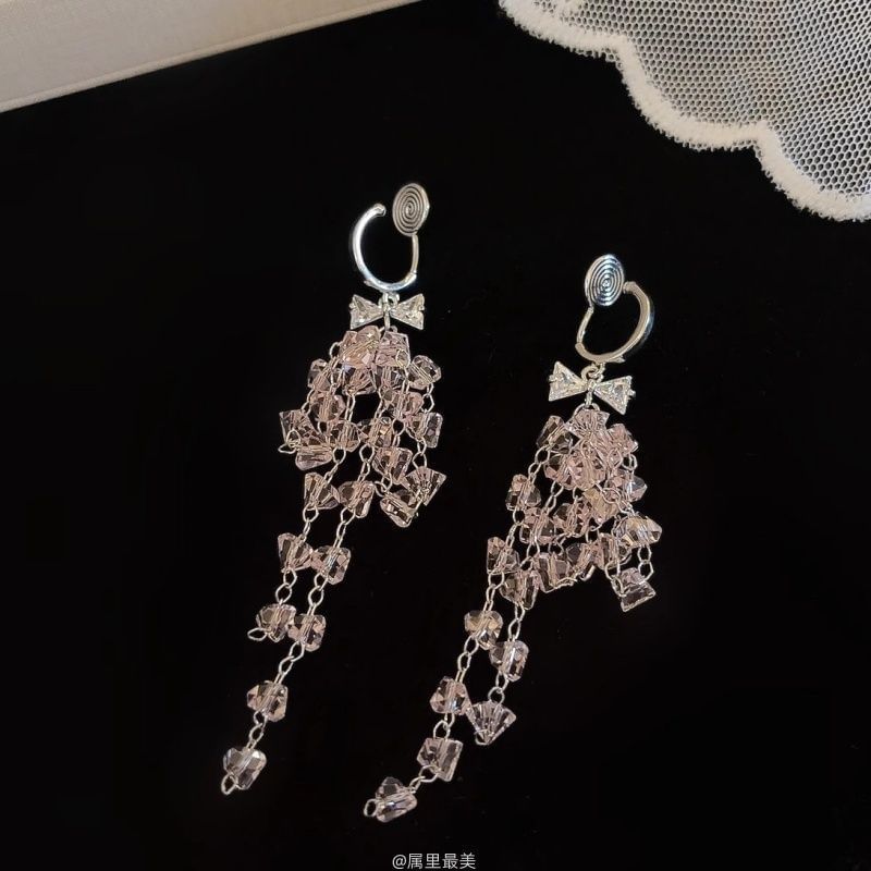 Huggie Rhinestone Bow Drop Fringed Earring