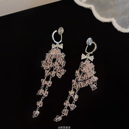 Huggie Rhinestone Bow Drop Fringed Earring