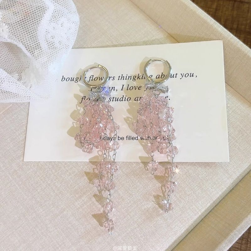 Huggie Rhinestone Bow Drop Fringed Earring