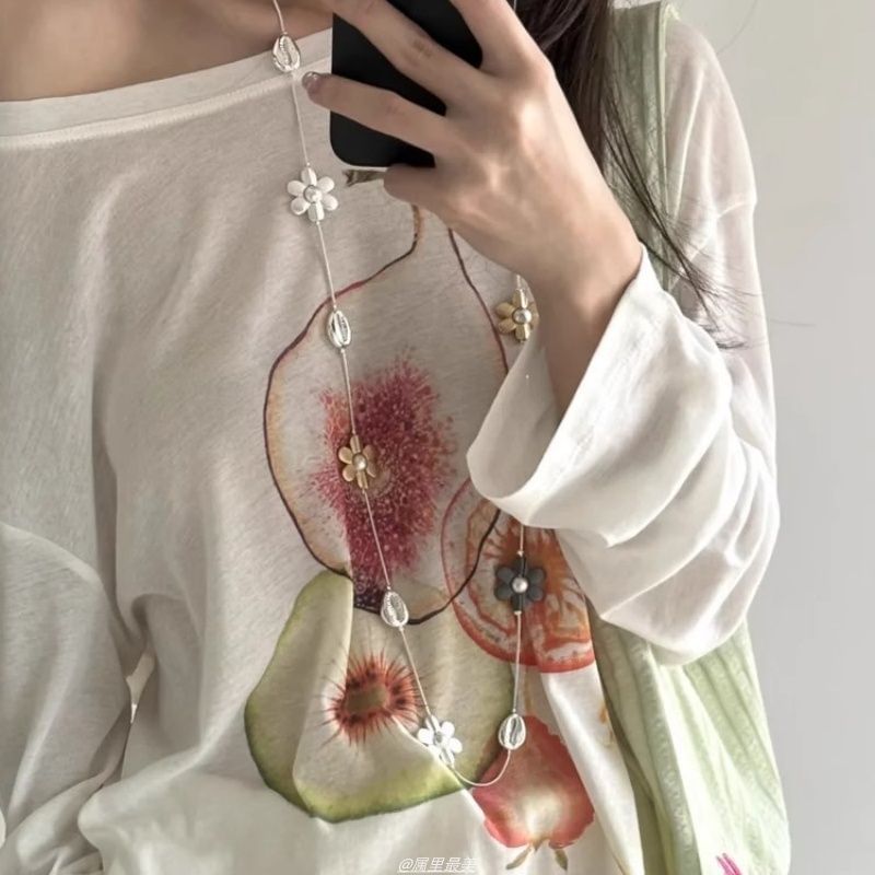 Pearl Necklace Long Flower Faux