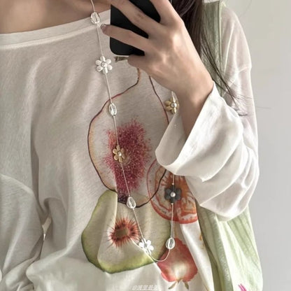 Pearl Necklace Long Flower Faux