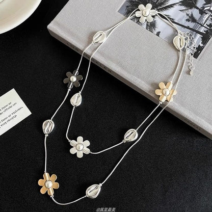 Pearl Necklace Long Flower Faux
