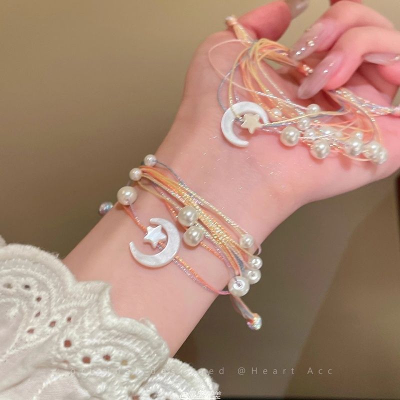 Faux Bracelet String Pearl Moon Layered