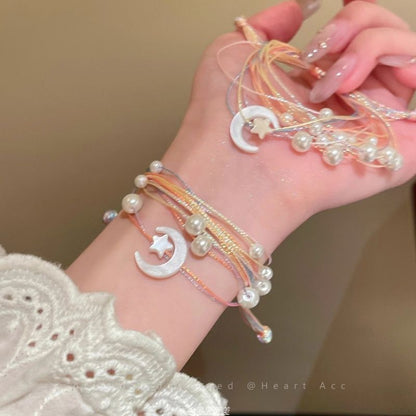 Faux Bracelet String Pearl Moon Layered