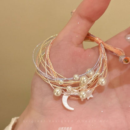 Faux Bracelet String Pearl Moon Layered