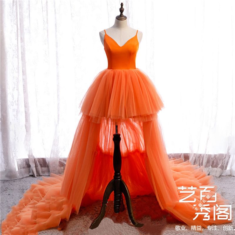 Spaghetti Strap Plain Tiered Wedding Gown