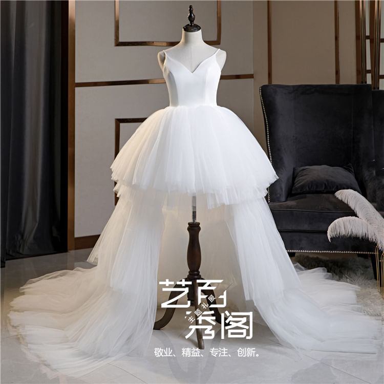 Spaghetti Strap Plain Tiered Wedding Gown