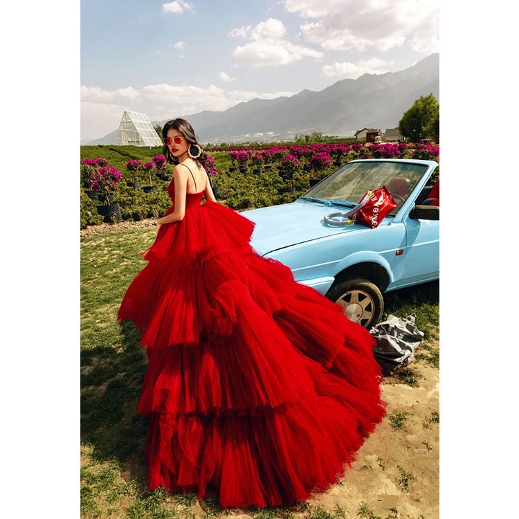 Gown Plain Tiered Wedding Spaghetti Strap