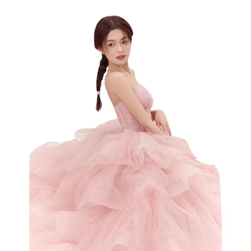 Strapless Plain Tiered Wedding Gown