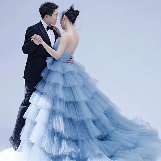 Strapless Plain Tiered Wedding Gown