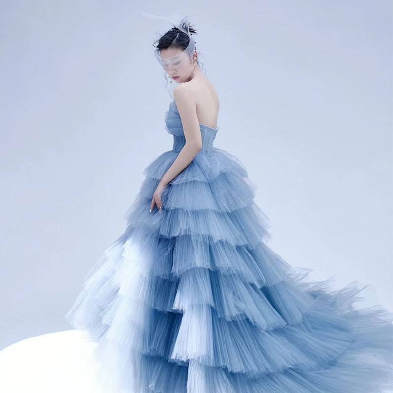 Strapless Plain Tiered Wedding Gown