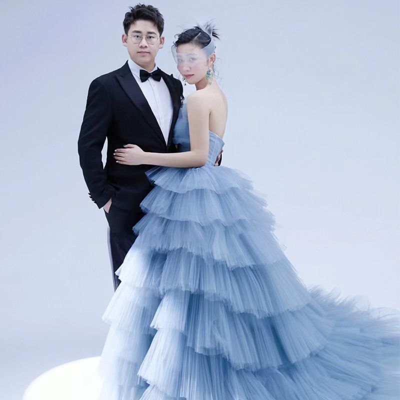 Strapless Plain Tiered Wedding Gown