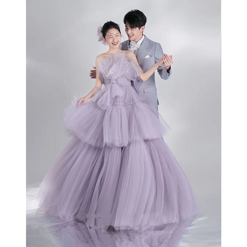 Strapless Plain Tiered Wedding Gown
