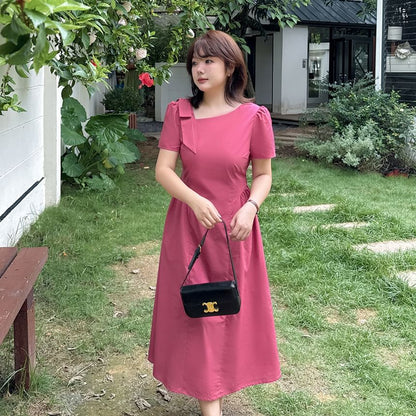 Plus Size Short Sleeve V-Neck Plain Midi A-Line Dress