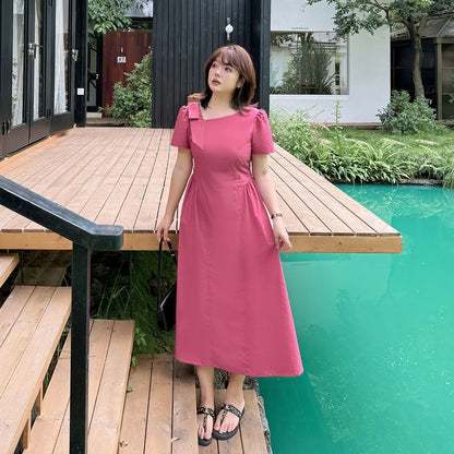 Plus Size Short Sleeve V-Neck Plain Midi A-Line Dress