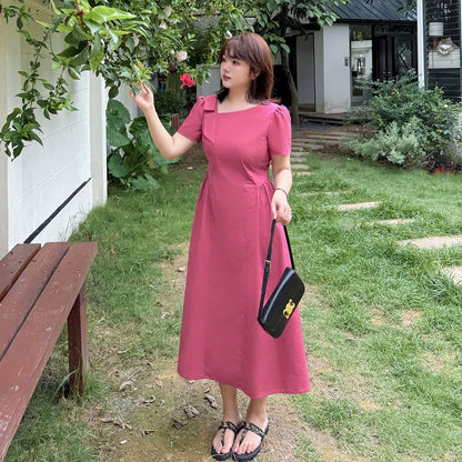 Plus Size Short Sleeve V-Neck Plain Midi A-Line Dress