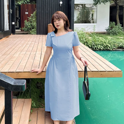Plus Size Short Sleeve V-Neck Plain Midi A-Line Dress