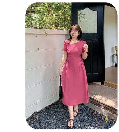 Plus Size Short Sleeve V-Neck Plain Midi A-Line Dress