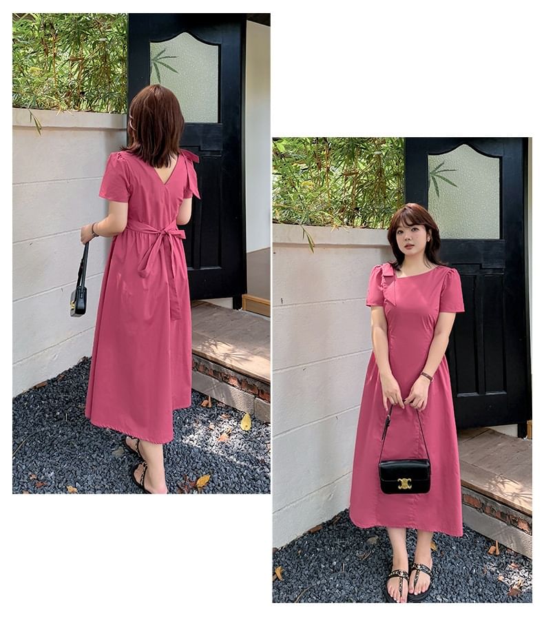 Plus Size Short Sleeve V-Neck Plain Midi A-Line Dress