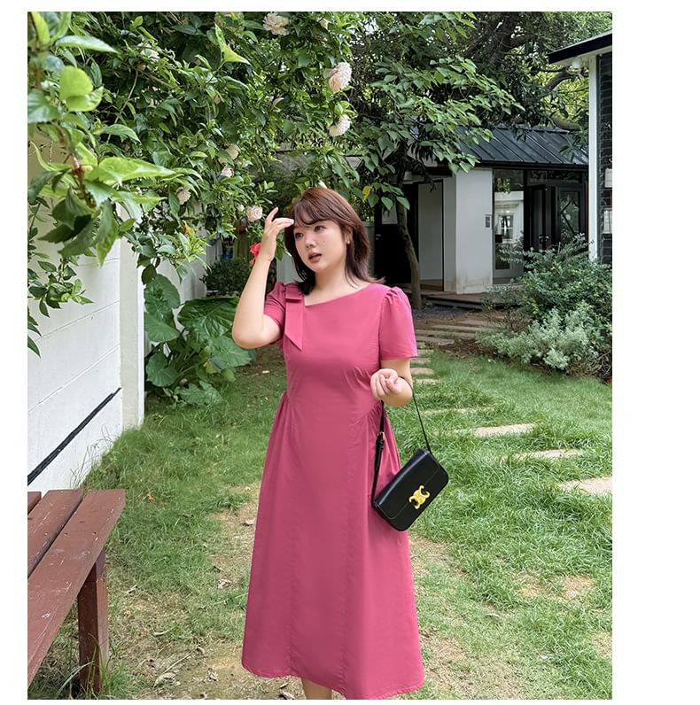 Plus Size Short Sleeve V-Neck Plain Midi A-Line Dress