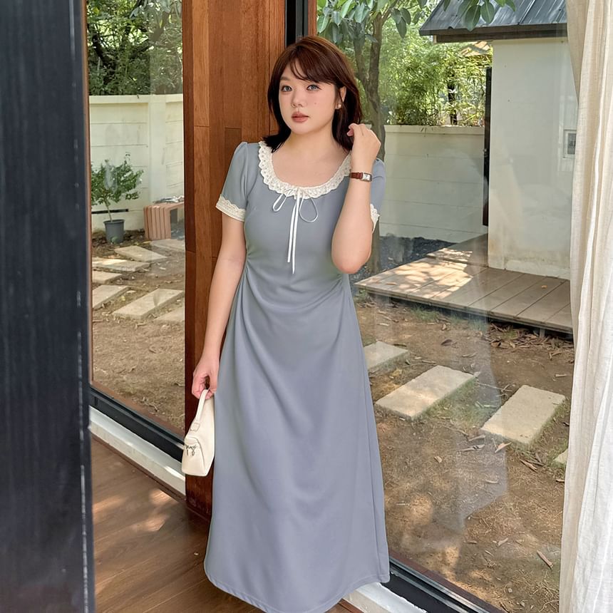 Plus Size Short-Sleeve Round Neck Lace Trim Midi A-Line Dress