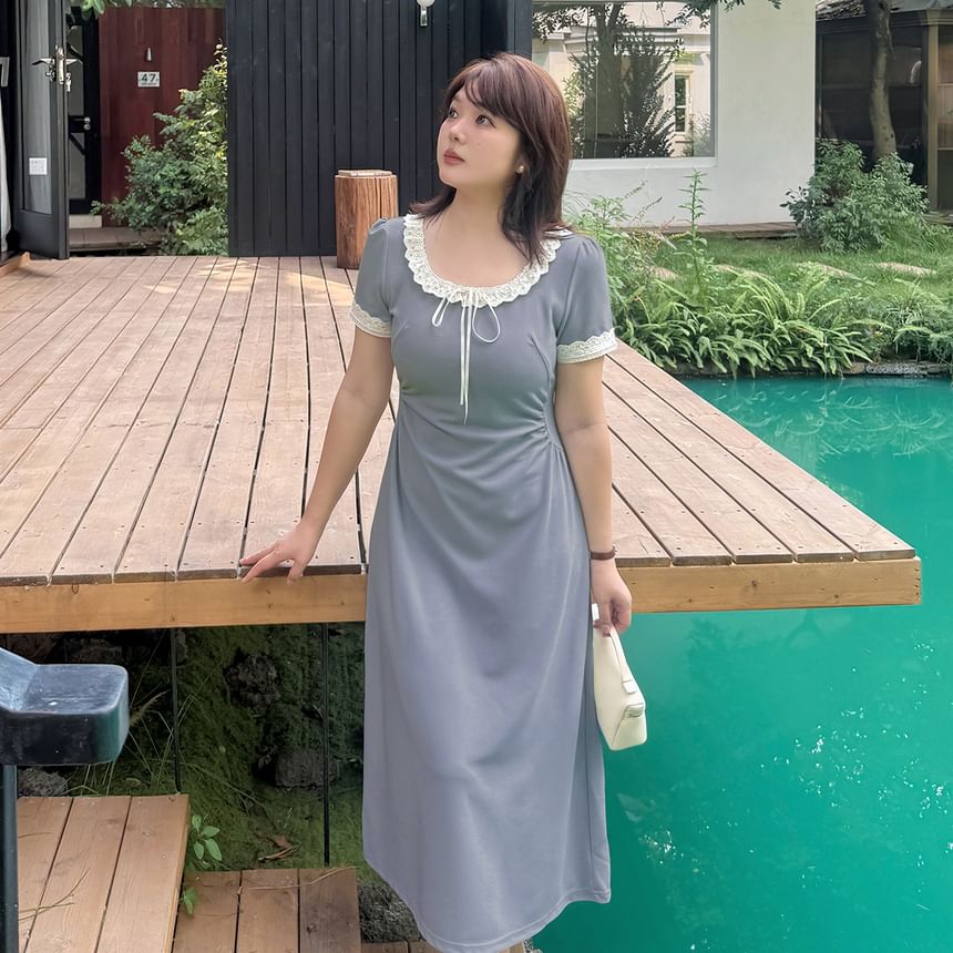 Plus Size Short-Sleeve Round Neck Lace Trim Midi A-Line Dress