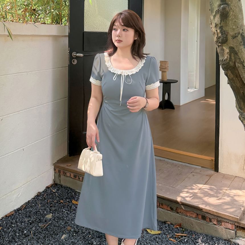Plus Size Short-Sleeve Round Neck Lace Trim Midi A-Line Dress