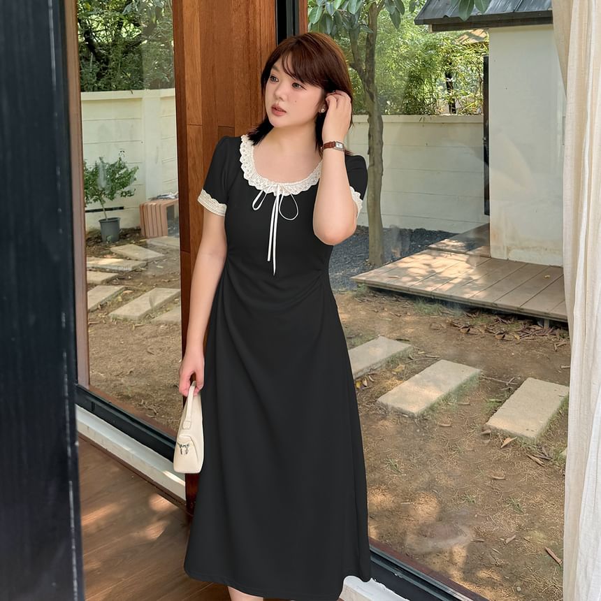 Plus Size Short-Sleeve Round Neck Lace Trim Midi A-Line Dress