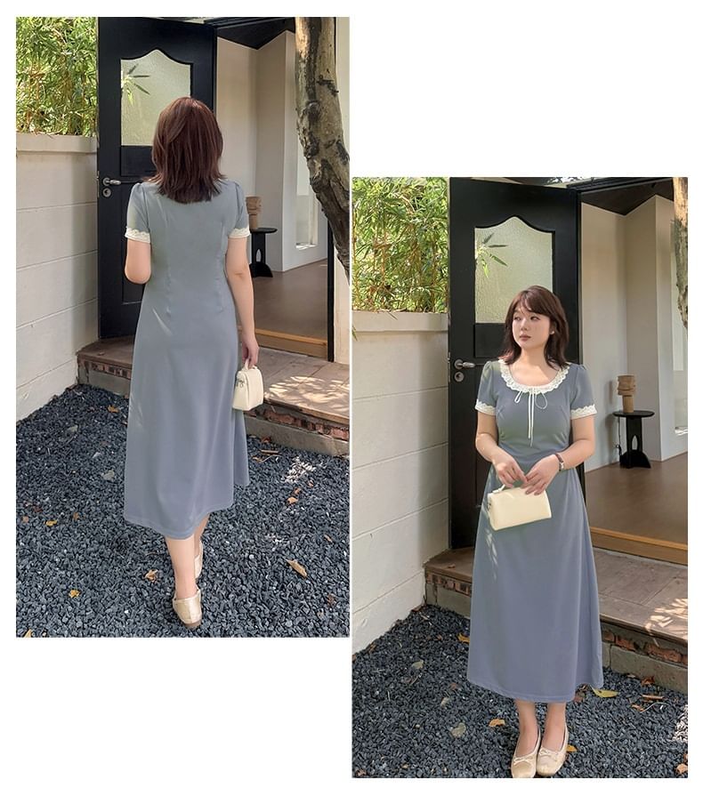 Plus Size Short-Sleeve Round Neck Lace Trim Midi A-Line Dress