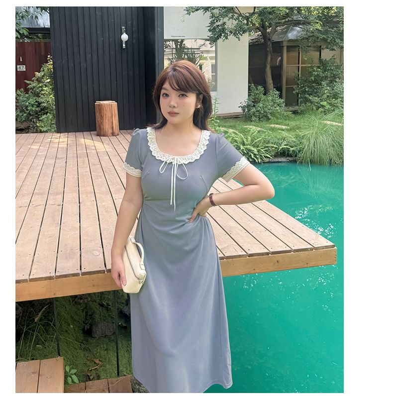 Plus Size Short-Sleeve Round Neck Lace Trim Midi A-Line Dress