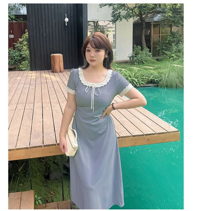 Plus Size Short-Sleeve Round Neck Lace Trim Midi A-Line Dress