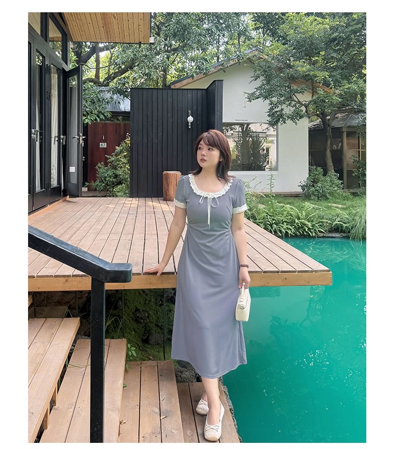 Plus Size Short-Sleeve Round Neck Lace Trim Midi A-Line Dress