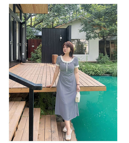 Plus Size Short-Sleeve Round Neck Lace Trim Midi A-Line Dress