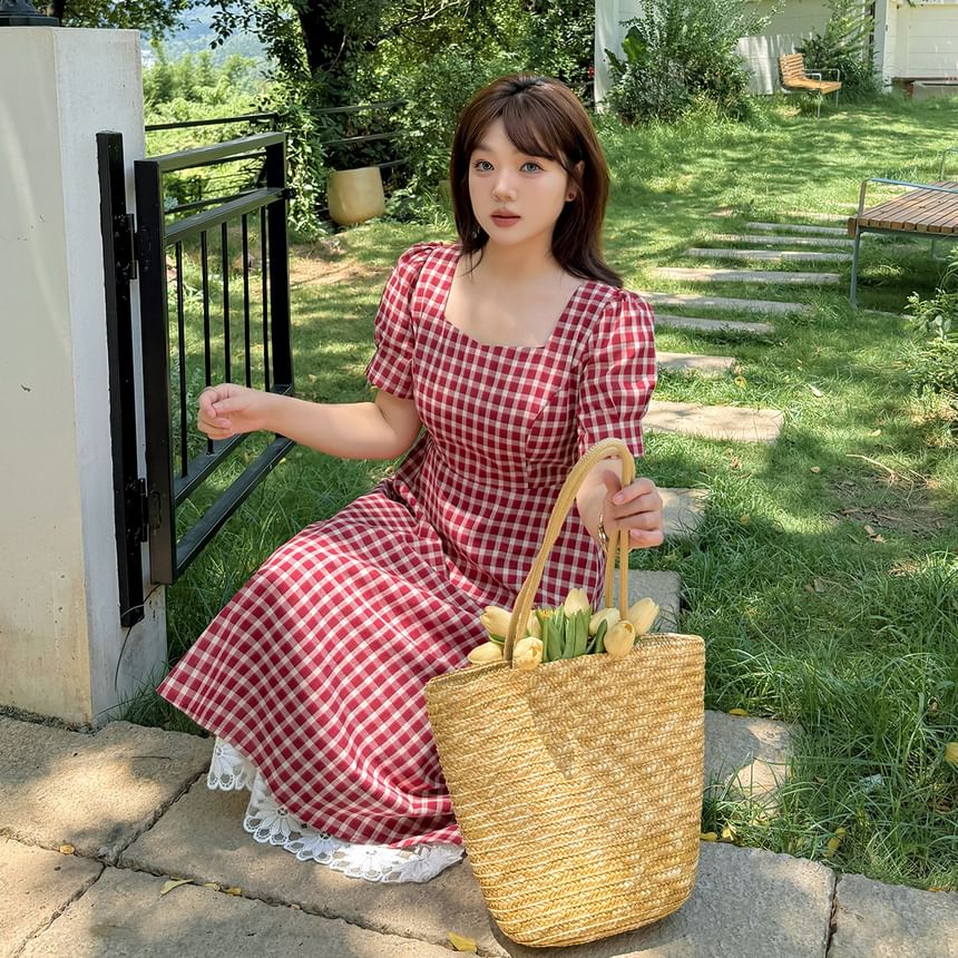 Plus Size Short-Sleeve Square Neck Plaid Lace Trim Midi A-Line Dress