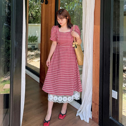 Plus Size Short-Sleeve Square Neck Plaid Lace Trim Midi A-Line Dress