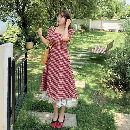 Plus Size Short-Sleeve Square Neck Plaid Lace Trim Midi A-Line Dress