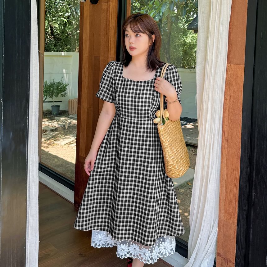 Plus Size Short-Sleeve Square Neck Plaid Lace Trim Midi A-Line Dress
