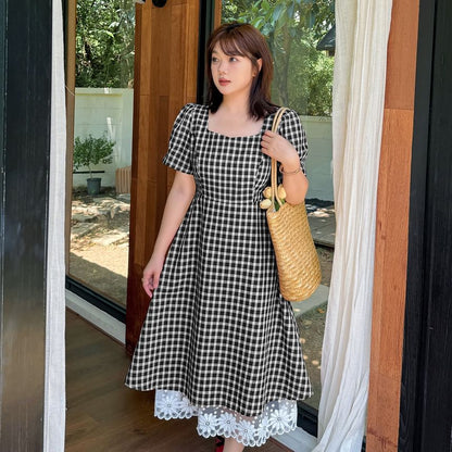 Plus Size Short-Sleeve Square Neck Plaid Lace Trim Midi A-Line Dress