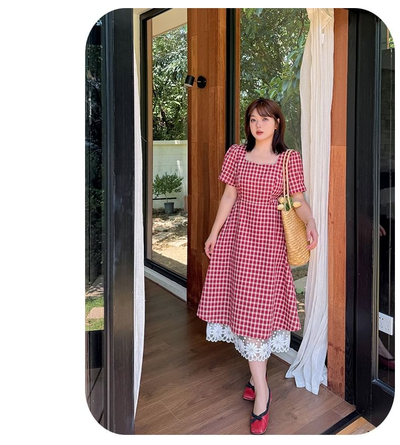 Plus Size Short-Sleeve Square Neck Plaid Lace Trim Midi A-Line Dress