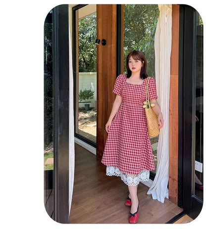 Plus Size Short-Sleeve Square Neck Plaid Lace Trim Midi A-Line Dress