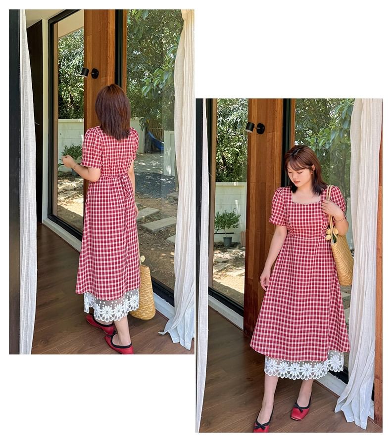 Plus Size Short-Sleeve Square Neck Plaid Lace Trim Midi A-Line Dress