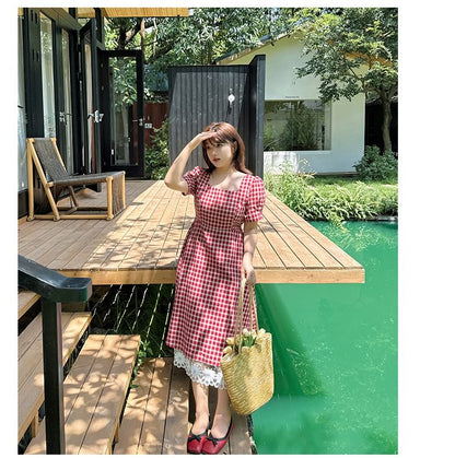 Plus Size Short-Sleeve Square Neck Plaid Lace Trim Midi A-Line Dress