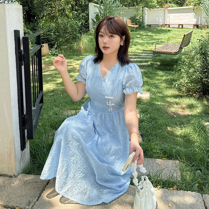 Plus Size Short Sleeve V-Neck Floral Embroidered Midi A-Line Dress