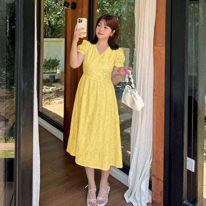 Plus Size Short Sleeve V-Neck Floral Embroidered Midi A-Line Dress