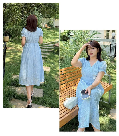 Plus Size Short Sleeve V-Neck Floral Embroidered Midi A-Line Dress