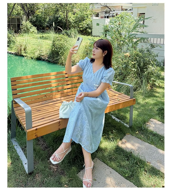 Plus Size Short Sleeve V-Neck Floral Embroidered Midi A-Line Dress