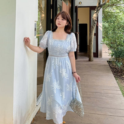 Plus Size Short-Sleeve Square Neck Floral Embroidered Midi A-Line Dress