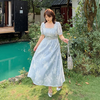 Plus Size Short-Sleeve Square Neck Floral Embroidered Midi A-Line Dress